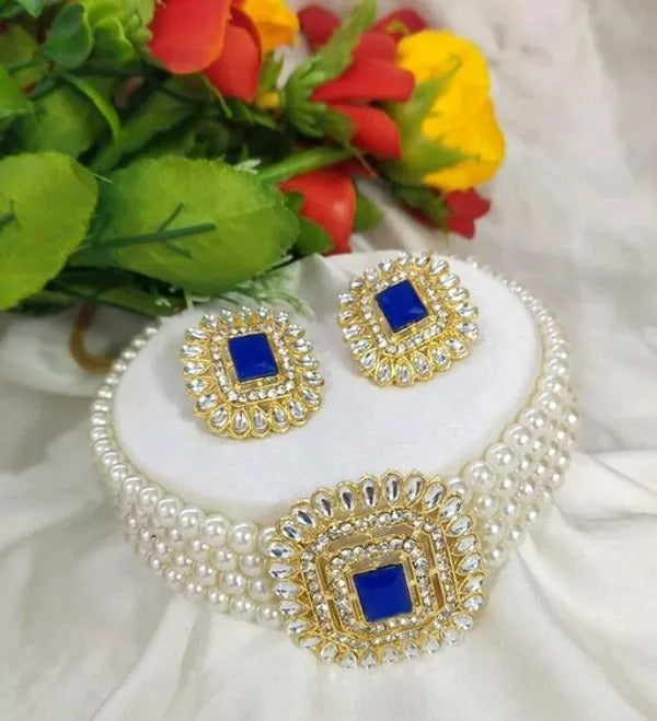 Multi-Layered Pearl Choker with Sapphire Blue Stone Centerpiece